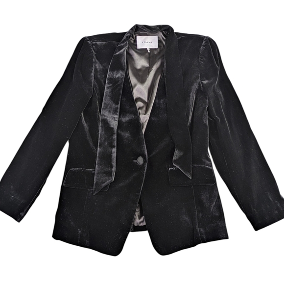 FRAME Denim Velvet Tie Jacket Black Silk Blend Blazer Size 8 EUC $660   F321 - Picture 2 of 12